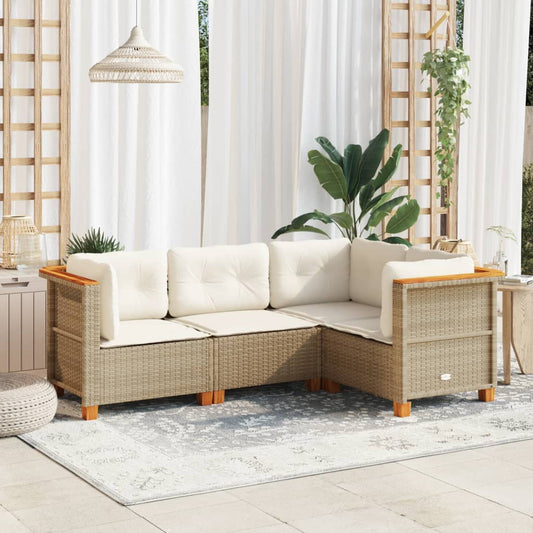 4-delige Loungeset met kussens poly rattan beige