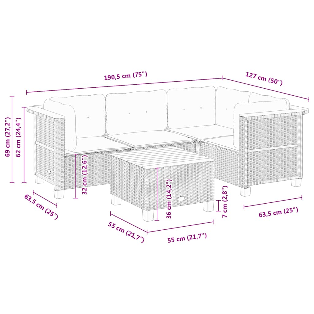 5-delige Loungeset met kussens poly rattan beige