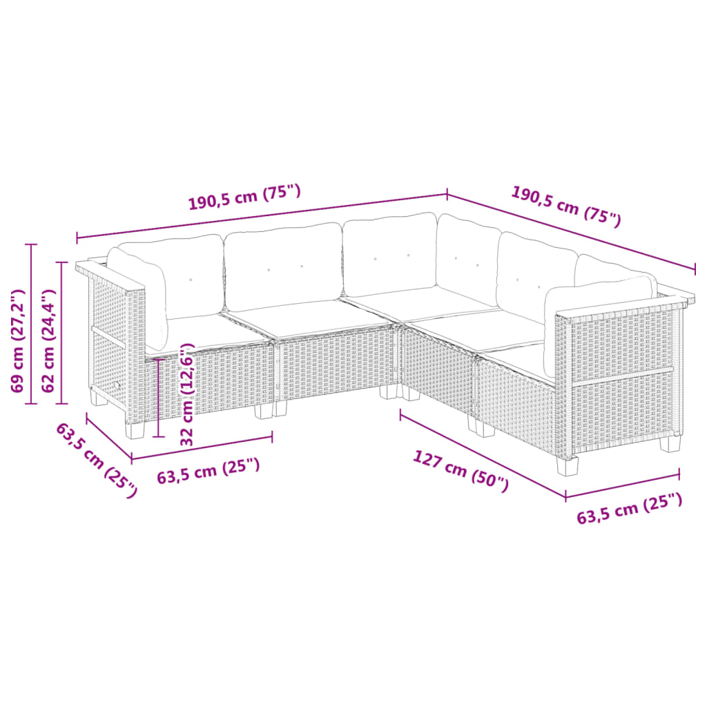 5-delige Loungeset met kussens poly rattan zwart Tuinsets | Creëer jouw Trendy Thuis | Gratis bezorgd & Retour | Trendy.nl