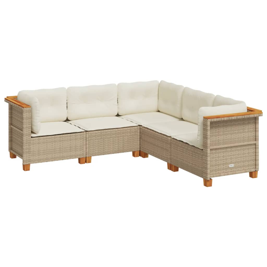 5-delige Loungeset met kussens poly rattan beige