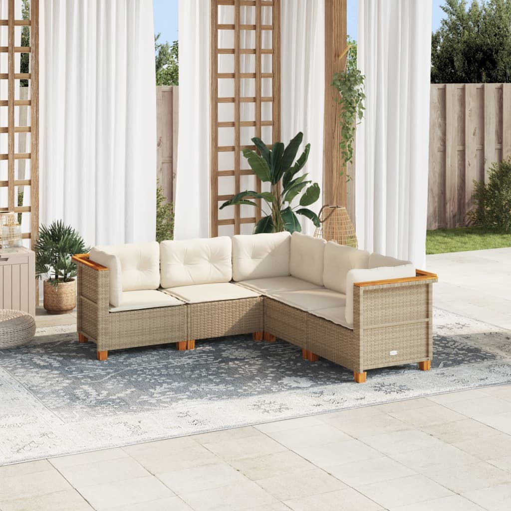 5-delige Loungeset met kussens poly rattan beige