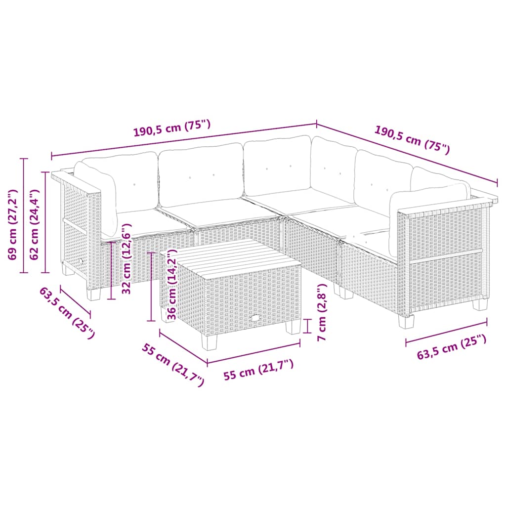 6-delige Loungeset met kussens poly rattan beige