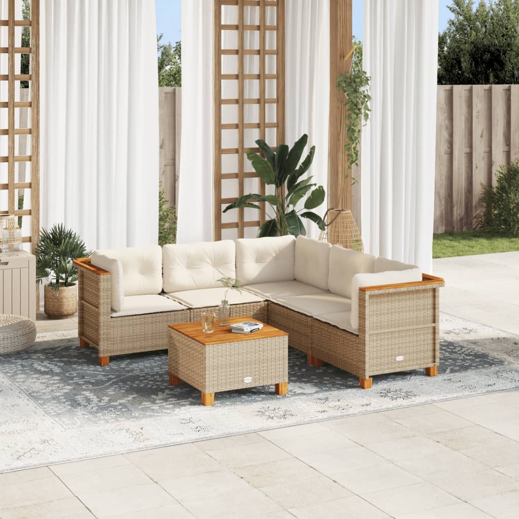 6-delige Loungeset met kussens poly rattan beige