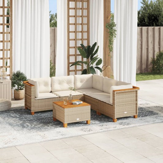 6-delige Loungeset met kussens poly rattan beige