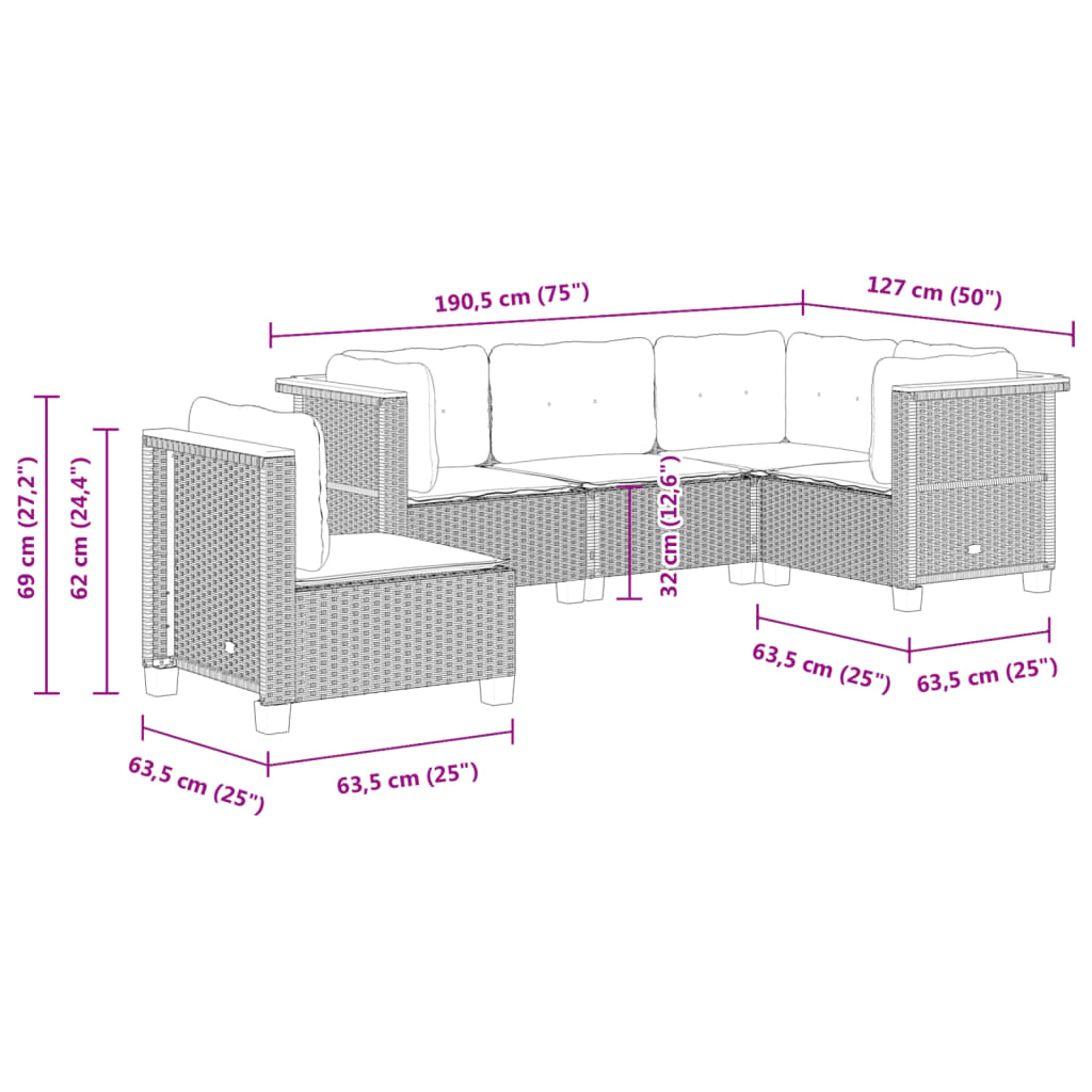 5-delige Loungeset met kussens poly rattan zwart Tuinsets | Creëer jouw Trendy Thuis | Gratis bezorgd & Retour | Trendy.nl