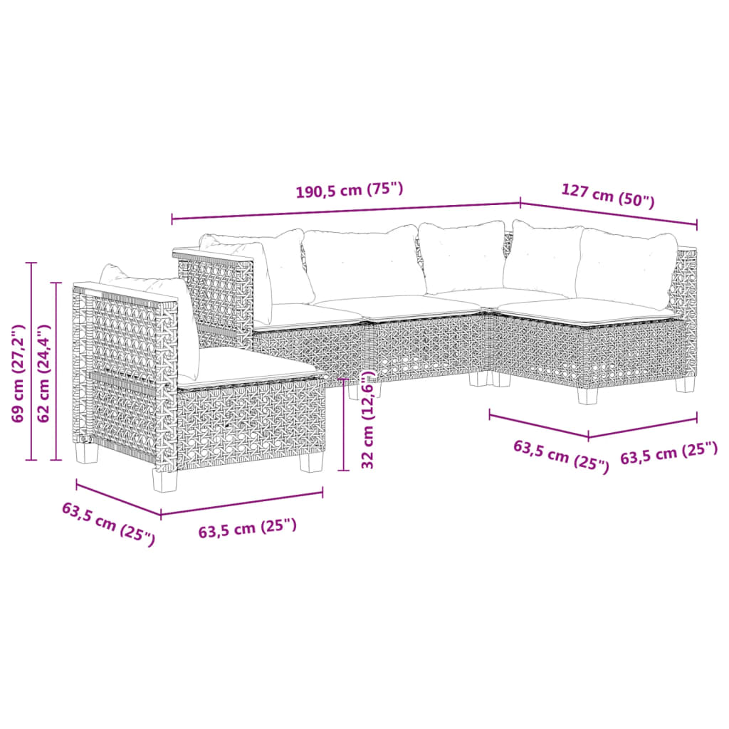 5-delige Loungeset met kussens poly rattan zwart