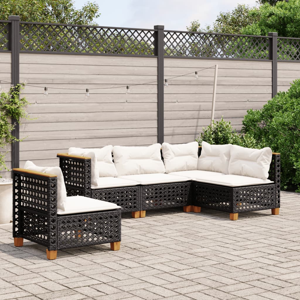 5-delige Loungeset met kussens poly rattan zwart