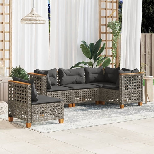 5-delige Loungeset met kussens poly rattan grijs Tuinsets | Creëer jouw Trendy Thuis | Gratis bezorgd & Retour | Trendy.nl