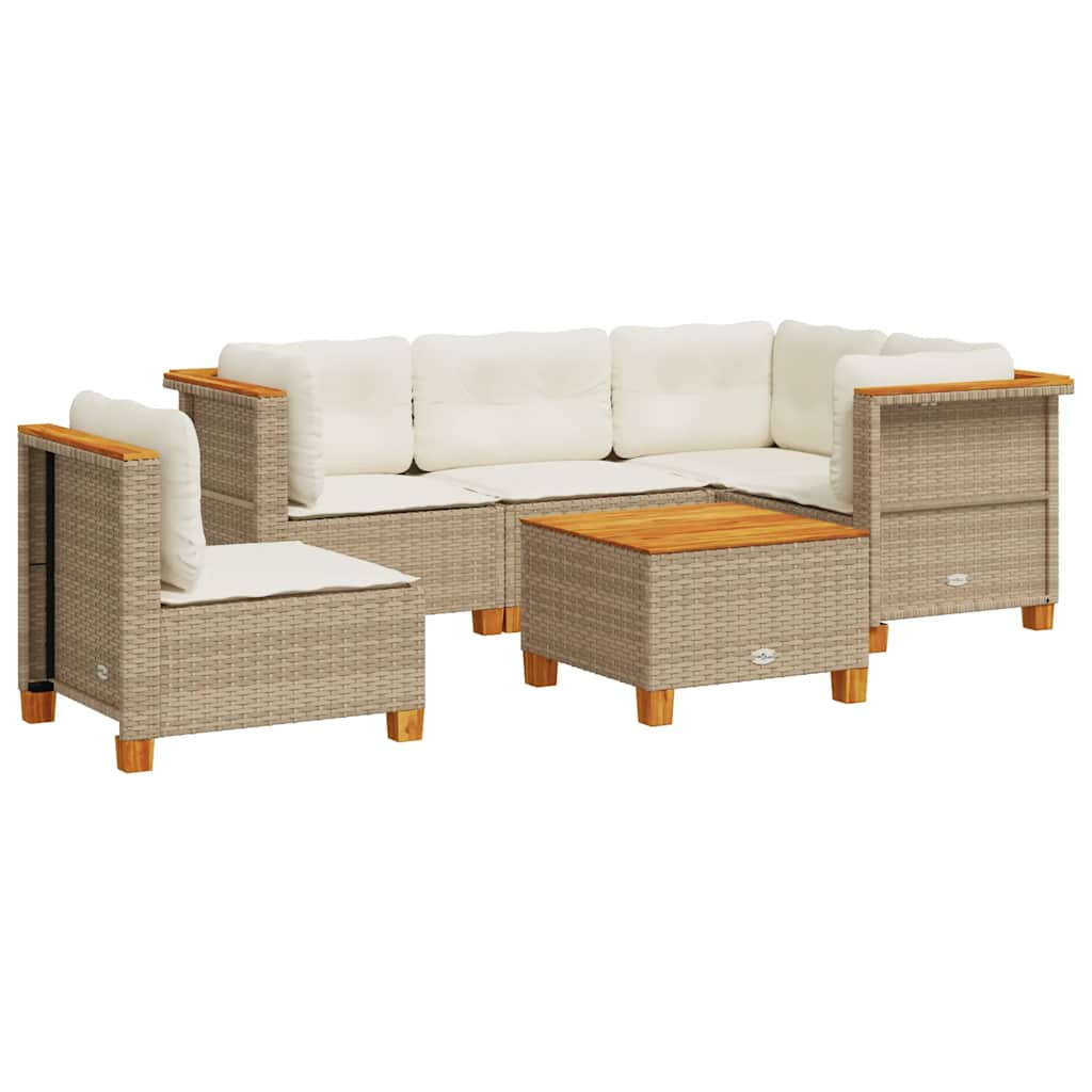 6-delige Loungeset met kussens poly rattan beige