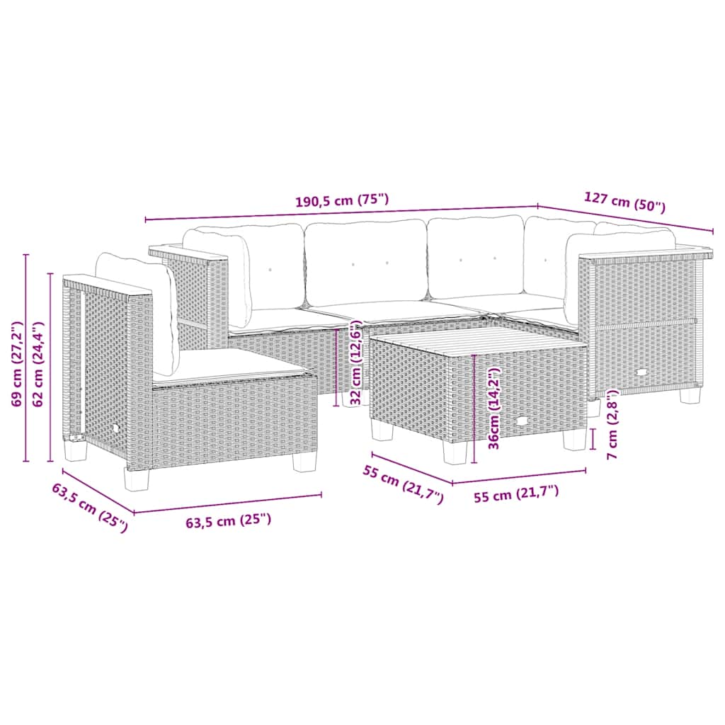 6-delige Loungeset met kussens poly rattan beige