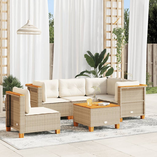 6-delige Loungeset met kussens poly rattan beige