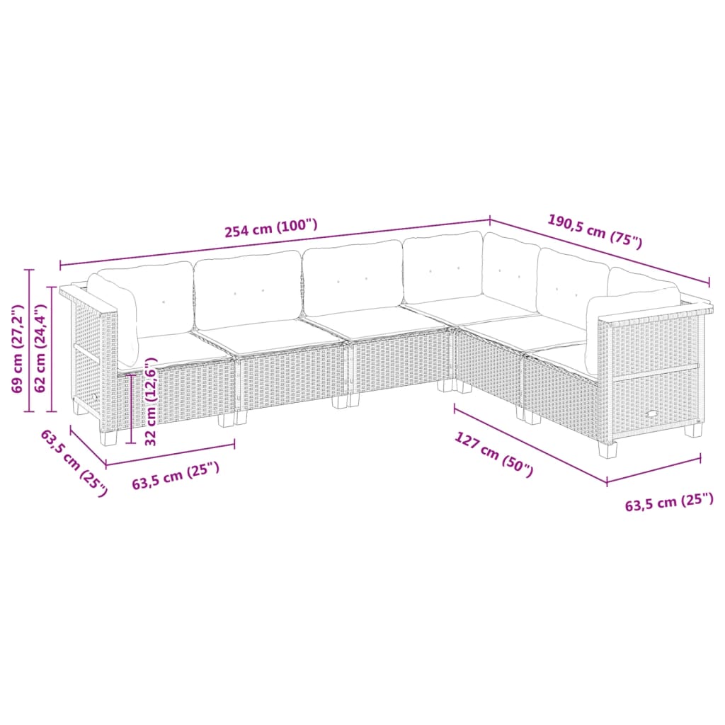 6-delige Loungeset met kussens poly rattan beige