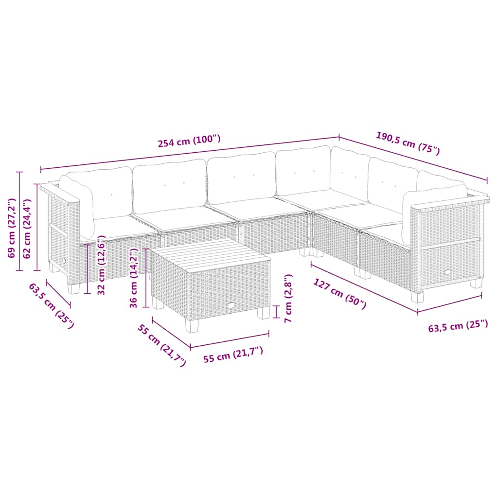 7-delige Loungeset met kussens poly rattan beige