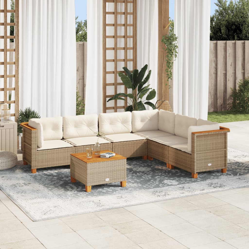 7-delige Loungeset met kussens poly rattan beige