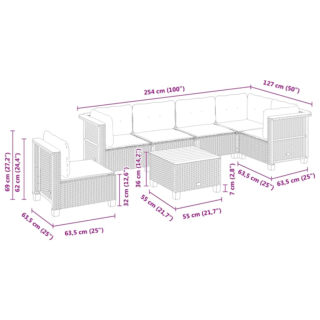 7-delige Loungeset met kussens poly rattan beige