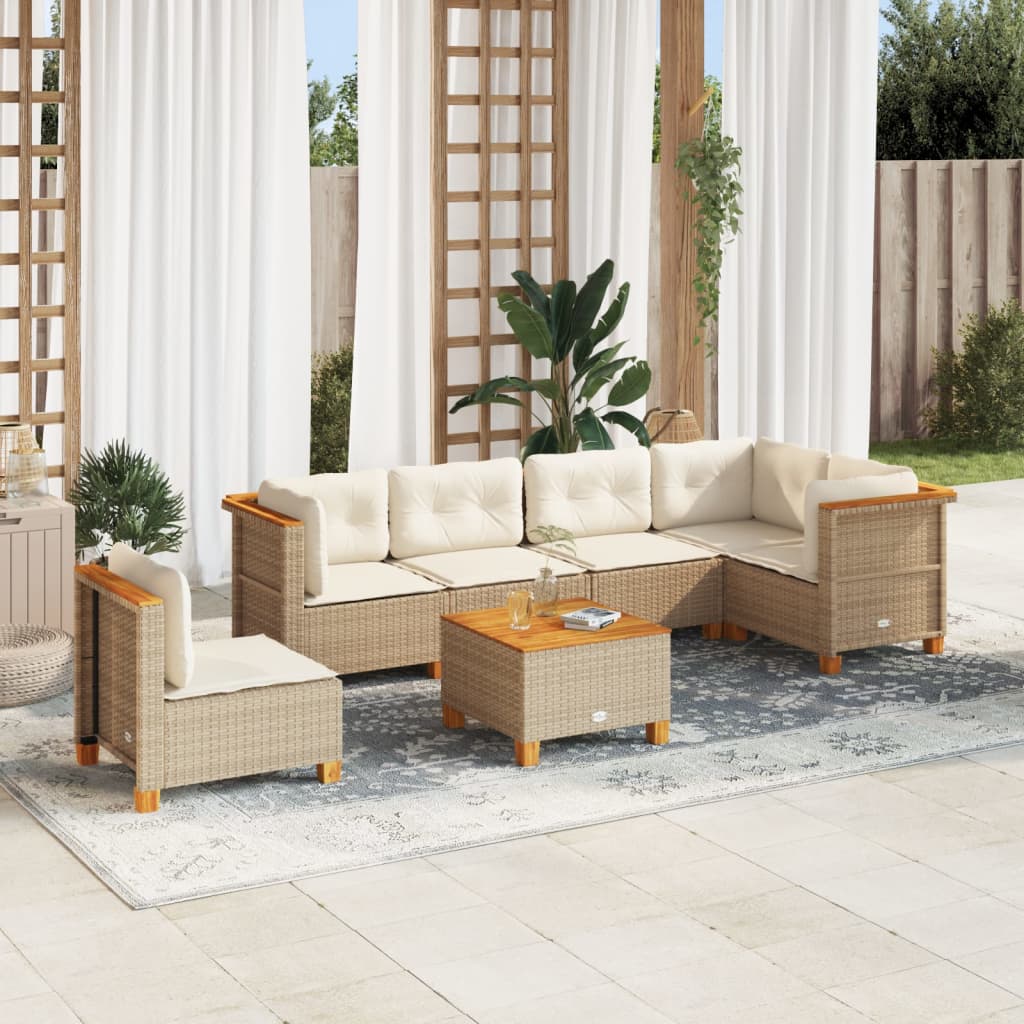 7-delige Loungeset met kussens poly rattan beige