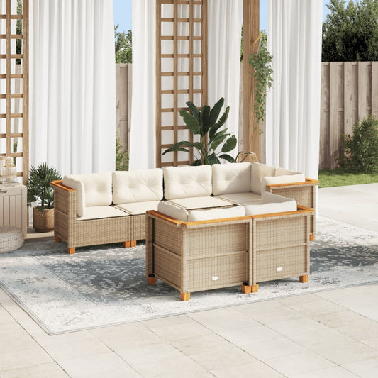 7-delige Loungeset met kussens poly rattan beige