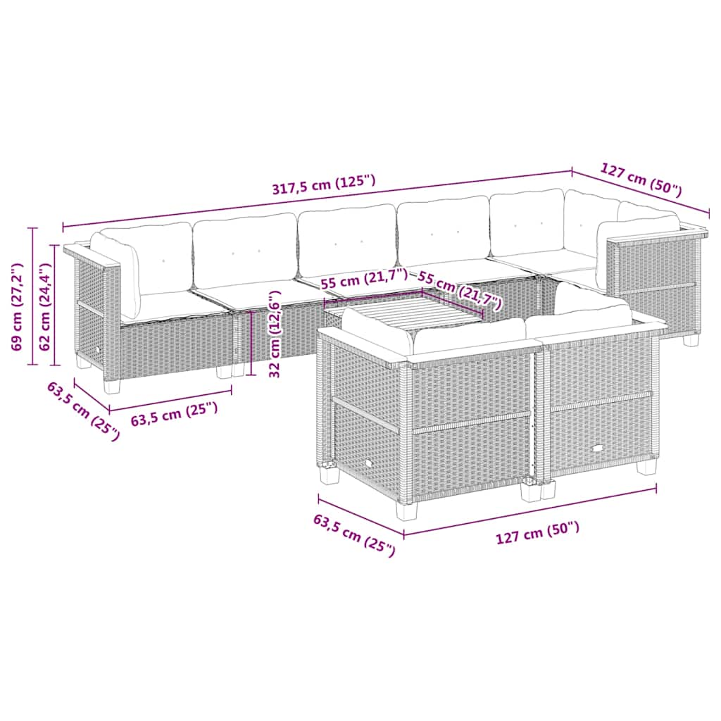 9-delige Loungeset met kussens poly rattan beige