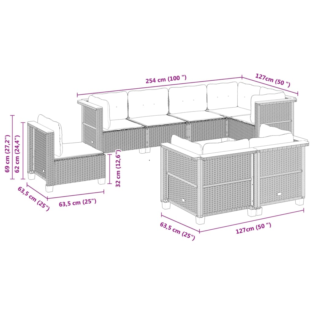 8-delige Loungeset met kussens poly rattan beige