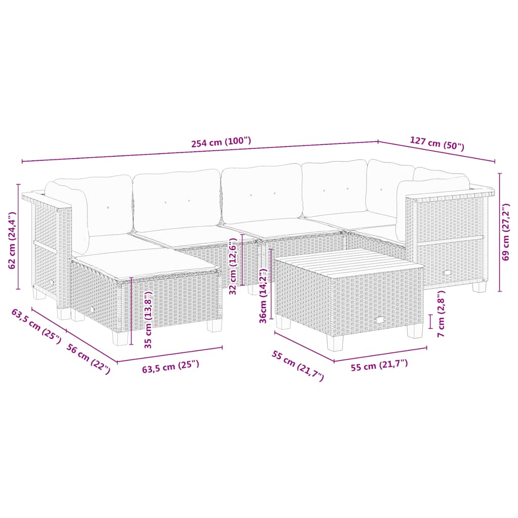 7-delige Loungeset met kussens poly rattan beige