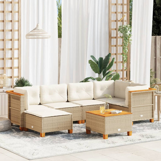 7-delige Loungeset met kussens poly rattan beige