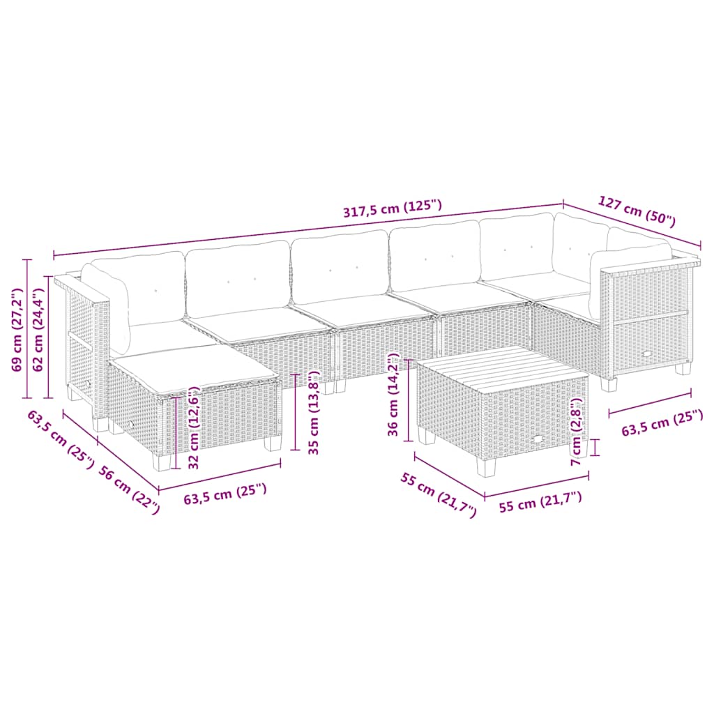 8-delige Loungeset met kussens poly rattan beige