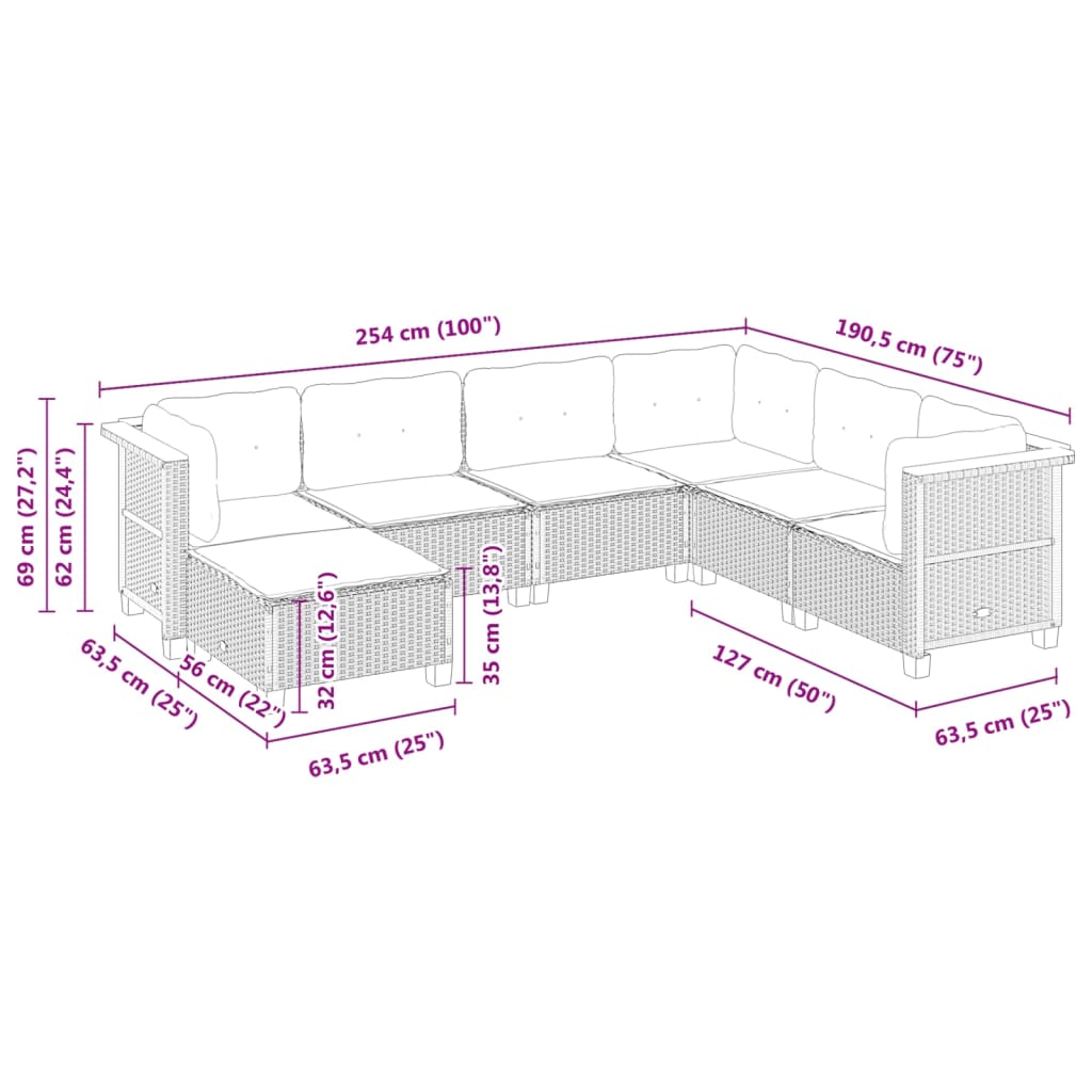 7-delige Loungeset met kussens poly rattan beige