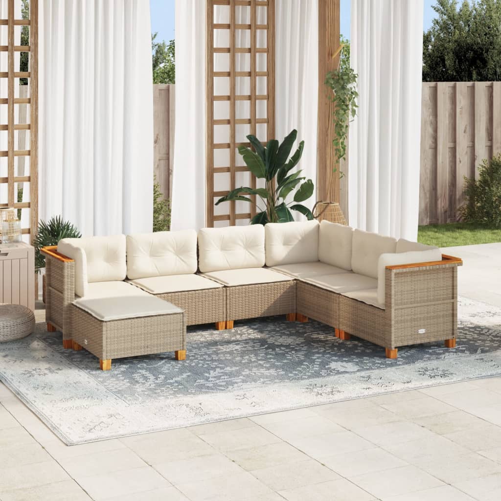 7-delige Loungeset met kussens poly rattan beige