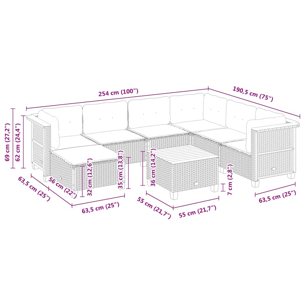 8-delige Loungeset met kussens poly rattan beige