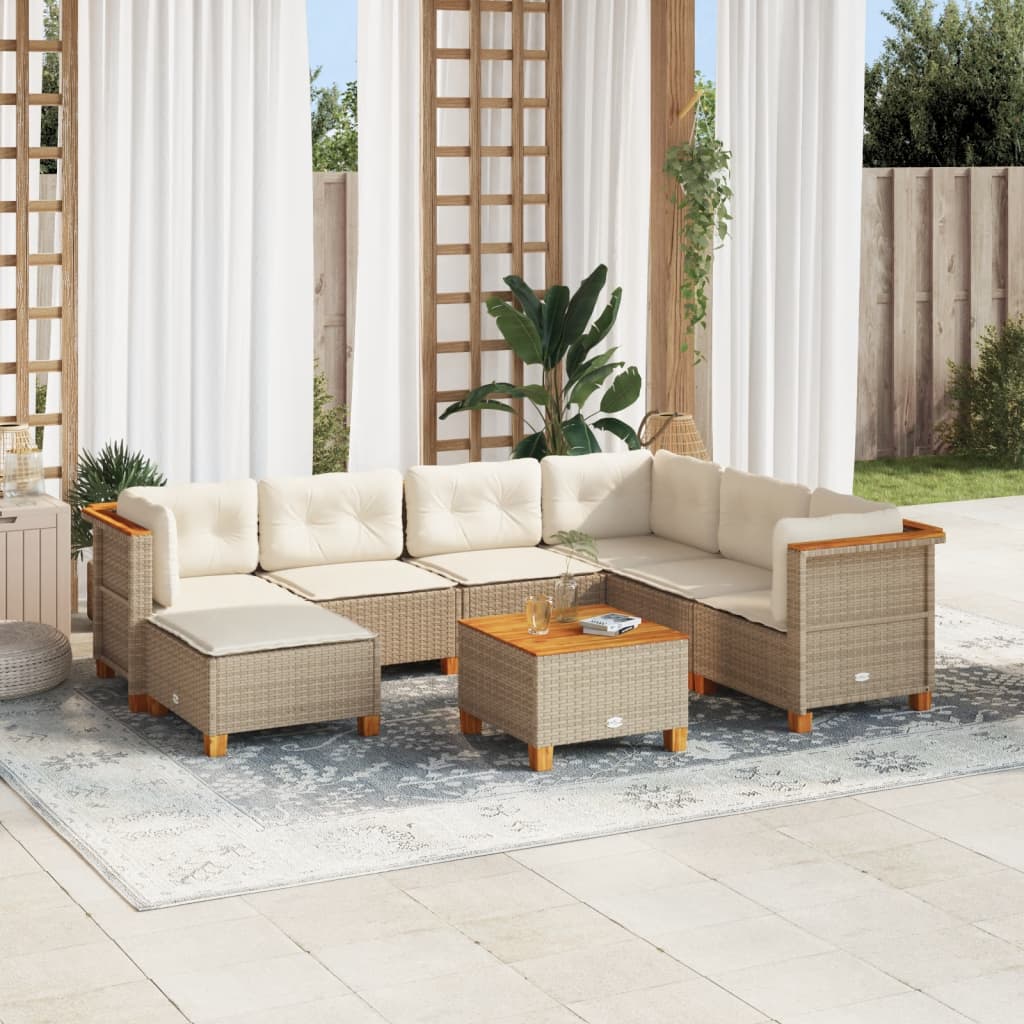 8-delige Loungeset met kussens poly rattan beige