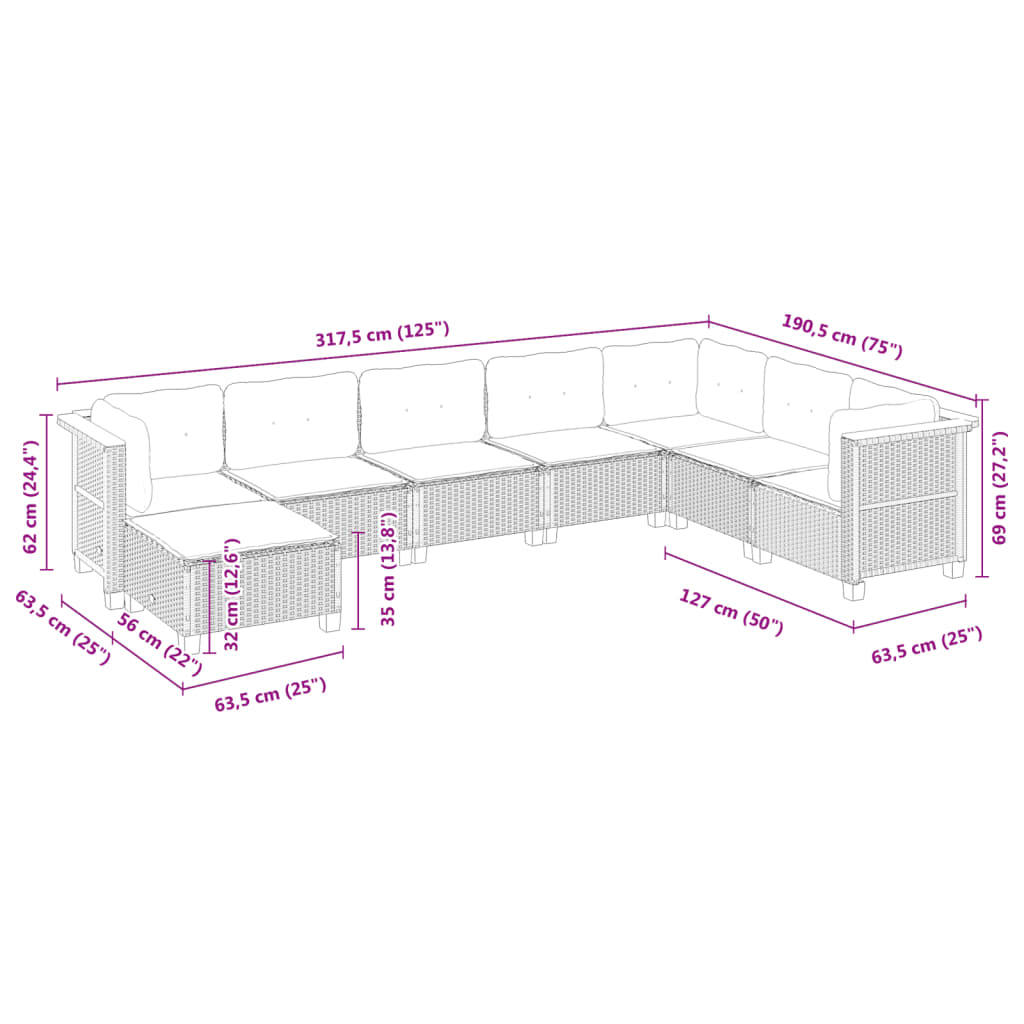 8-delige Loungeset met kussens poly rattan beige