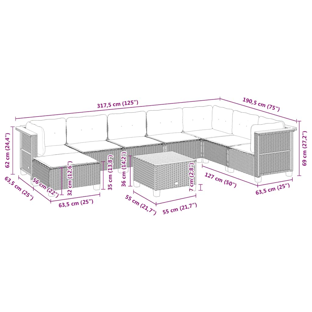 9-delige Loungeset met kussens poly rattan beige