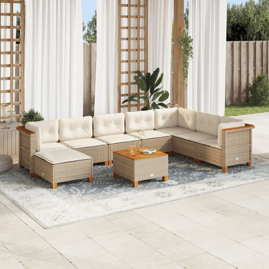 9-delige Loungeset met kussens poly rattan beige