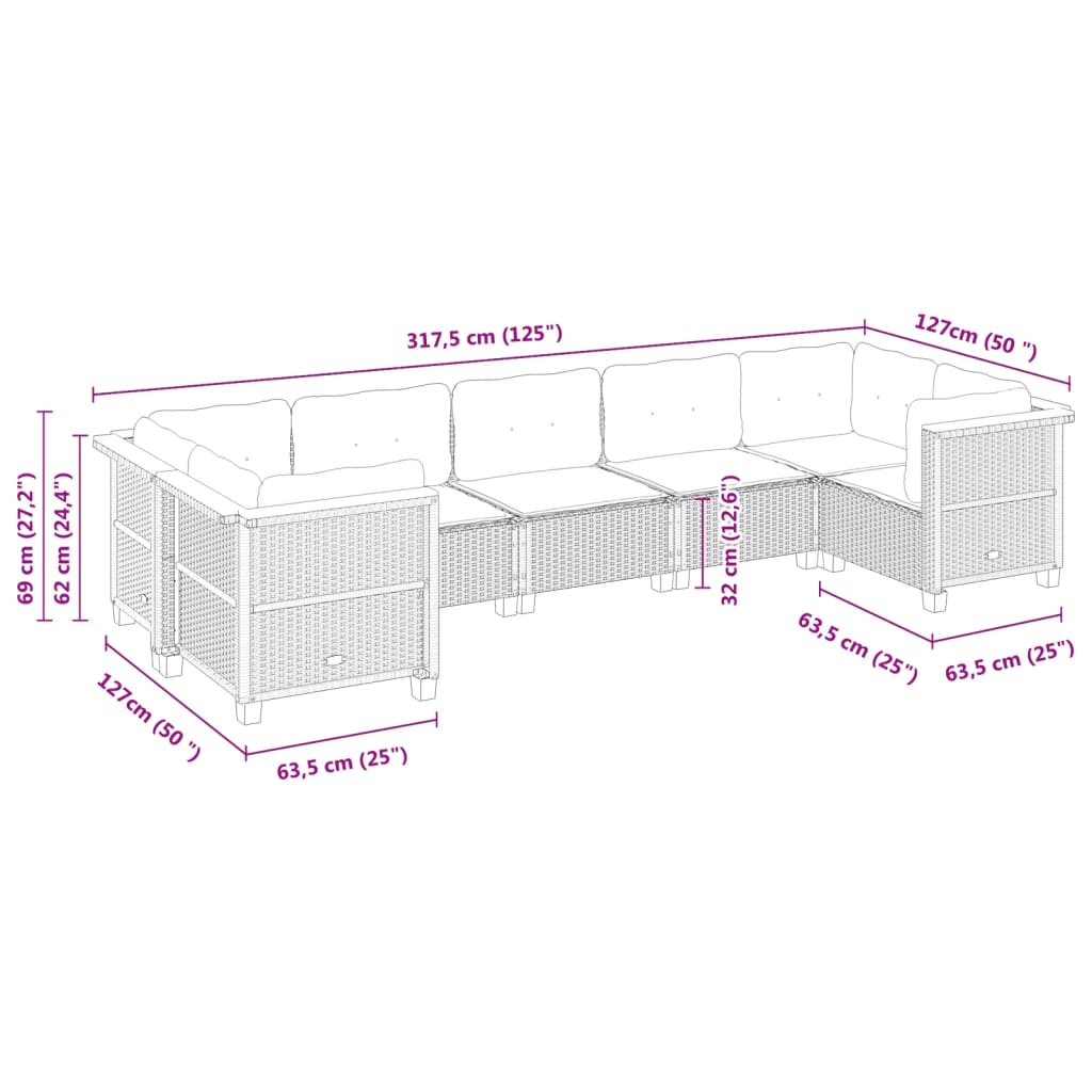 7-delige Loungeset met kussens poly rattan beige