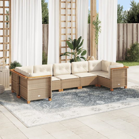 7-delige Loungeset met kussens poly rattan beige