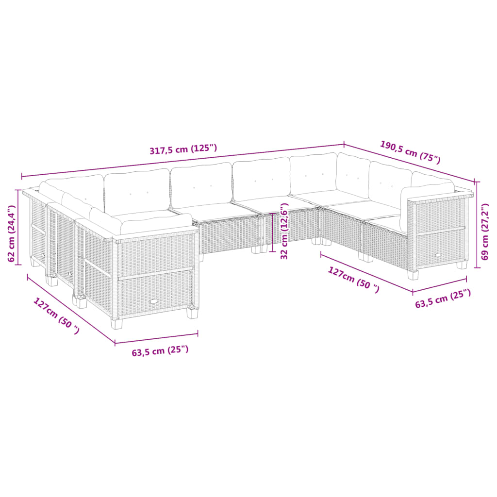 9-delige Loungeset met kussens poly rattan beige