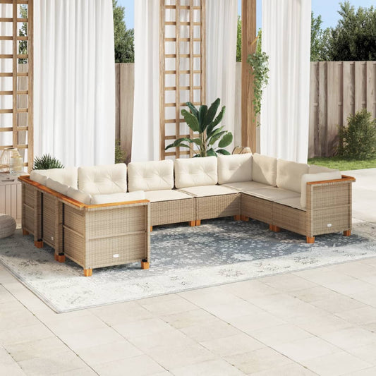 9-delige Loungeset met kussens poly rattan beige