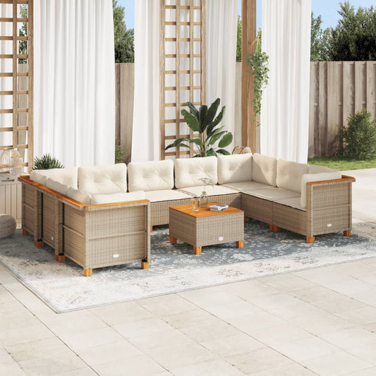 10-delige Loungeset met kussens poly rattan beige