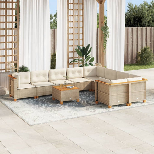 10-delige Loungeset met kussens poly rattan beige