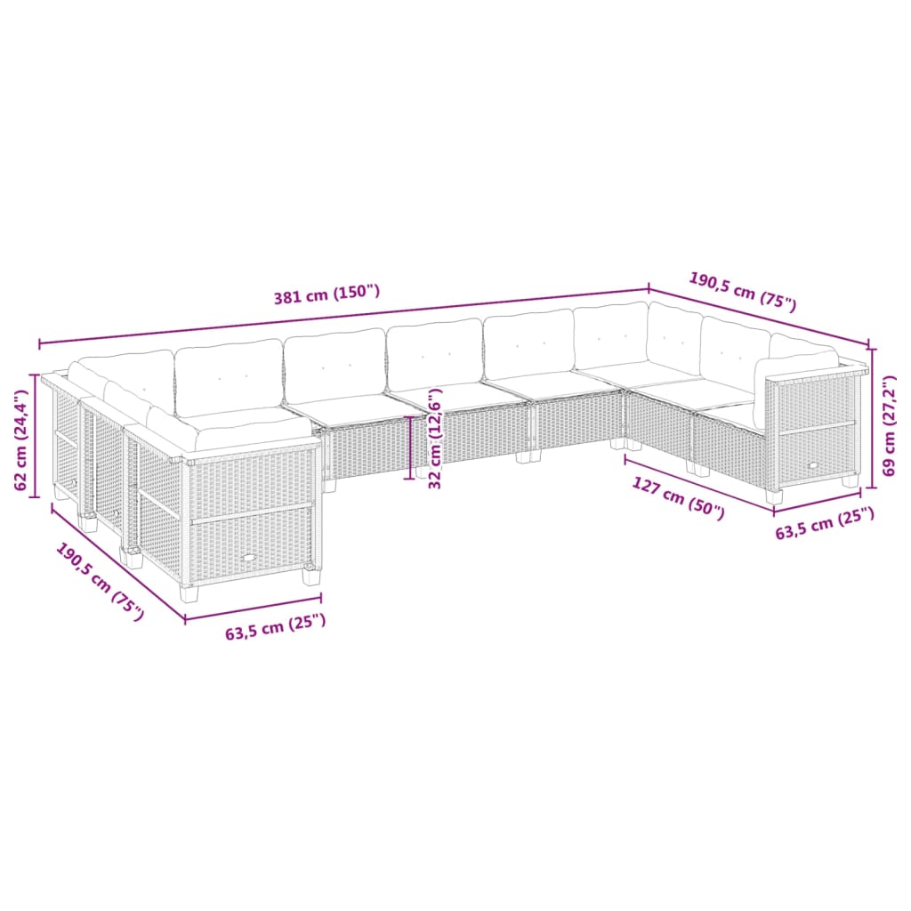 10-delige Loungeset met kussens poly rattan beige