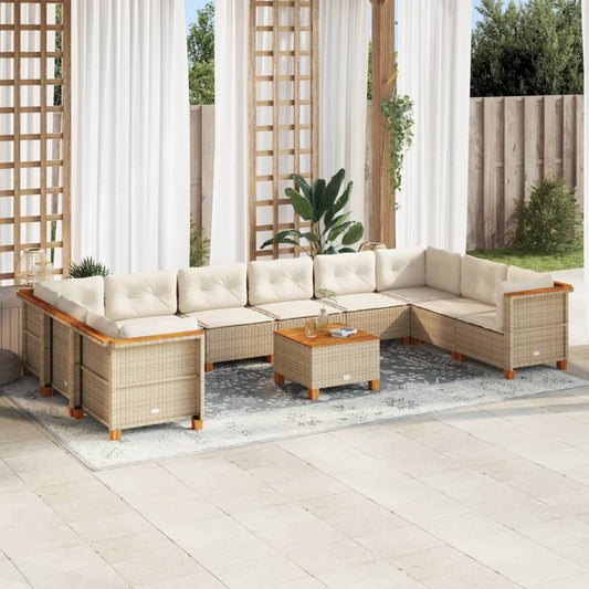 11-delige Tuinset met kussens poly rattan beige