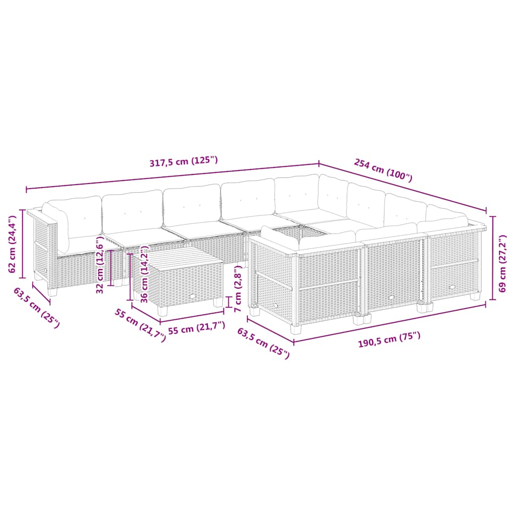 11-delige Tuinset met kussens poly rattan beige