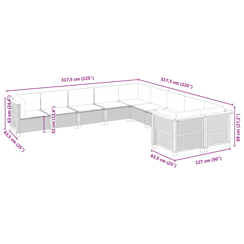 10-delige Loungeset met kussens poly rattan beige