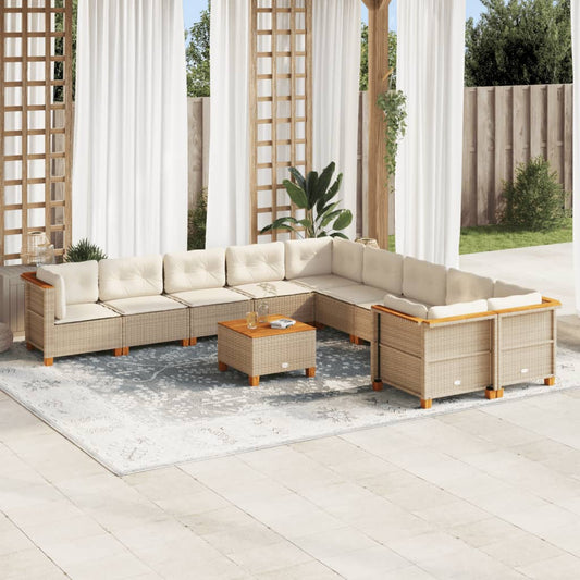 11-delige Tuinset met kussens poly rattan beige