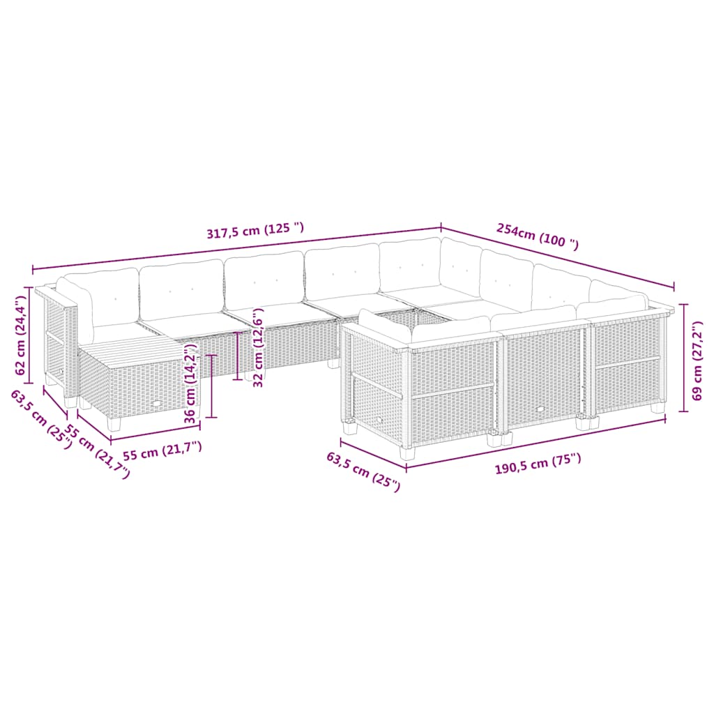 11-delige Tuinset met kussens poly rattan beige