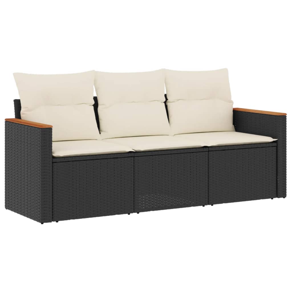 3-delige Loungeset met kussens poly rattan zwart