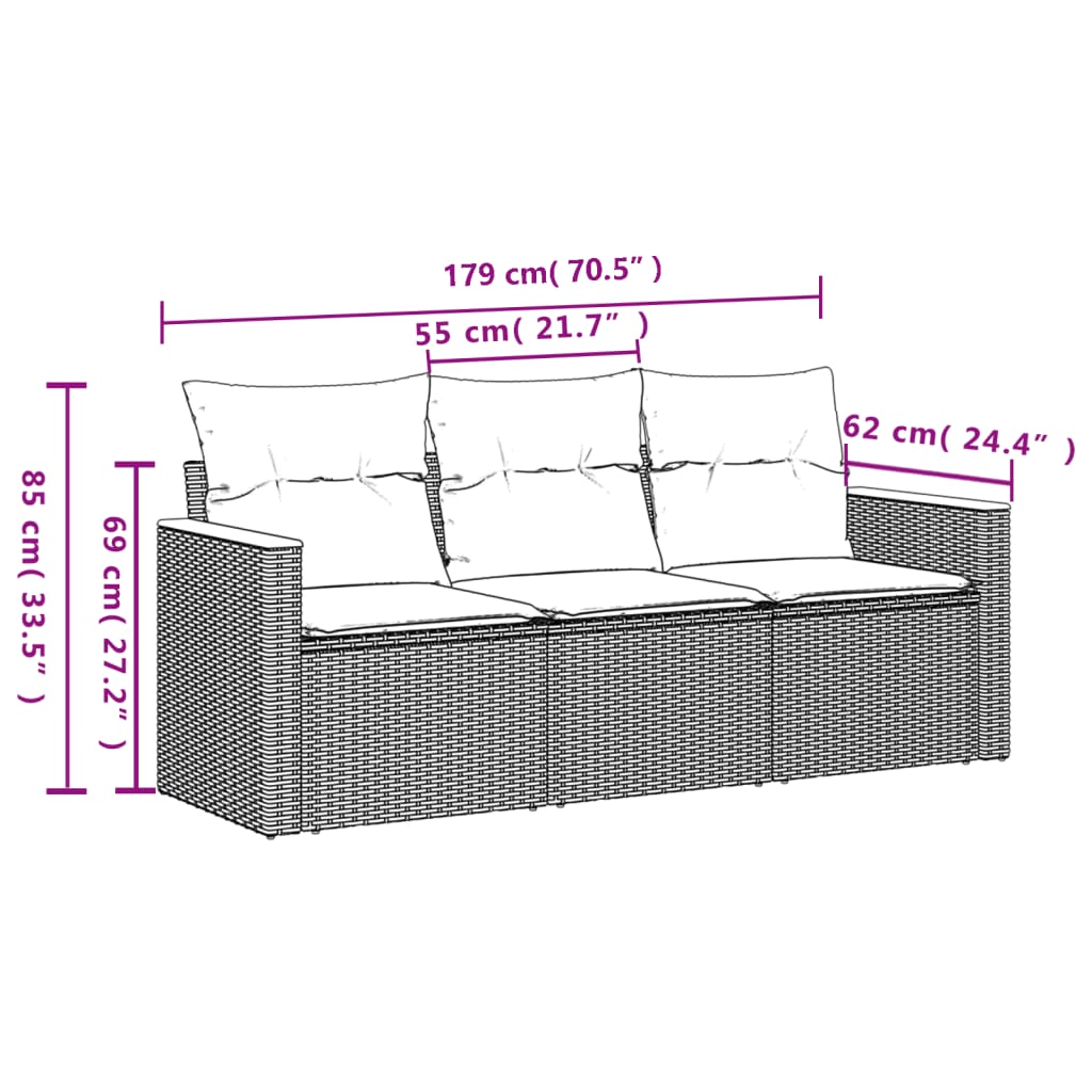 3-delige Loungeset met kussens poly rattan beige