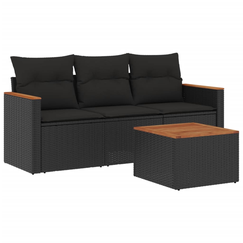 4-delige Loungeset met kussens poly rattan zwart