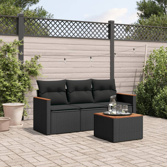 4-delige Loungeset met kussens poly rattan zwart