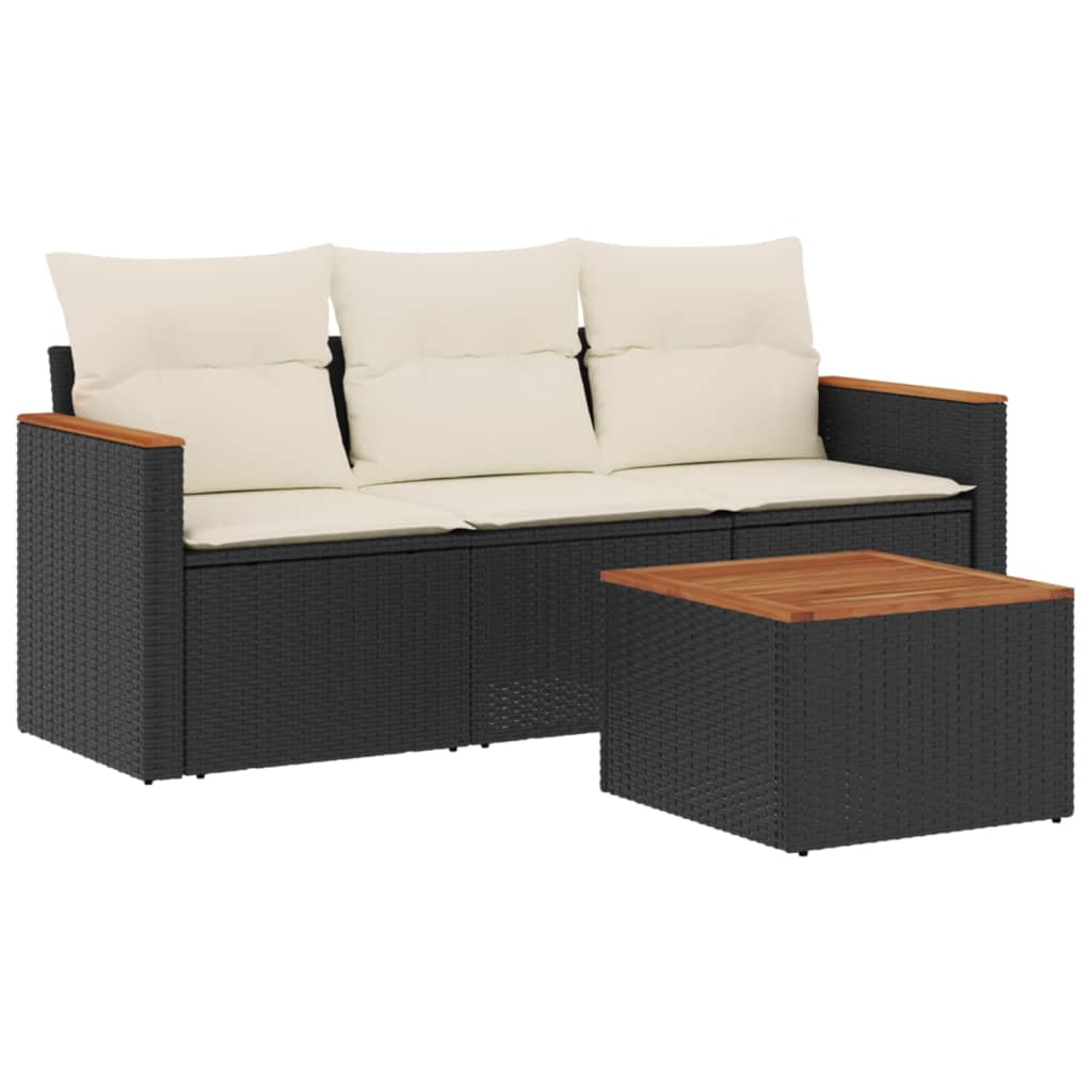 4-delige Loungeset met kussens poly rattan zwart